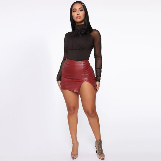 High waist bag hip skirt PU leather zipper sexy black leather skirt
