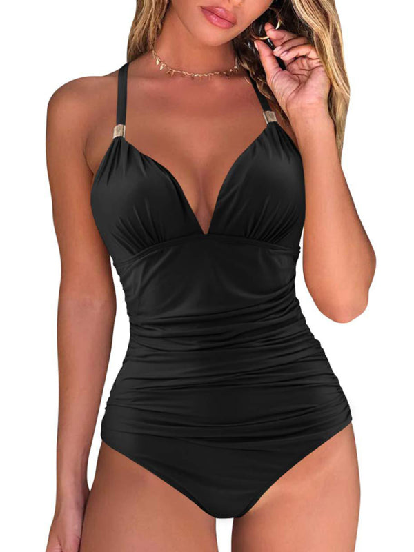 One Piece Swimsuit Conservative Ruched Halter Backless Swimsuit