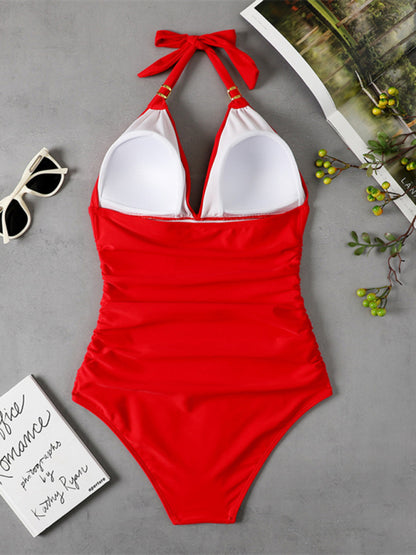 One Piece Swimsuit Conservative Ruched Halter Backless Swimsuit