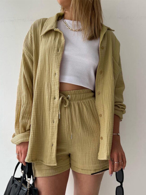 Solid color lapel collar shirt & shorts two-piece sets