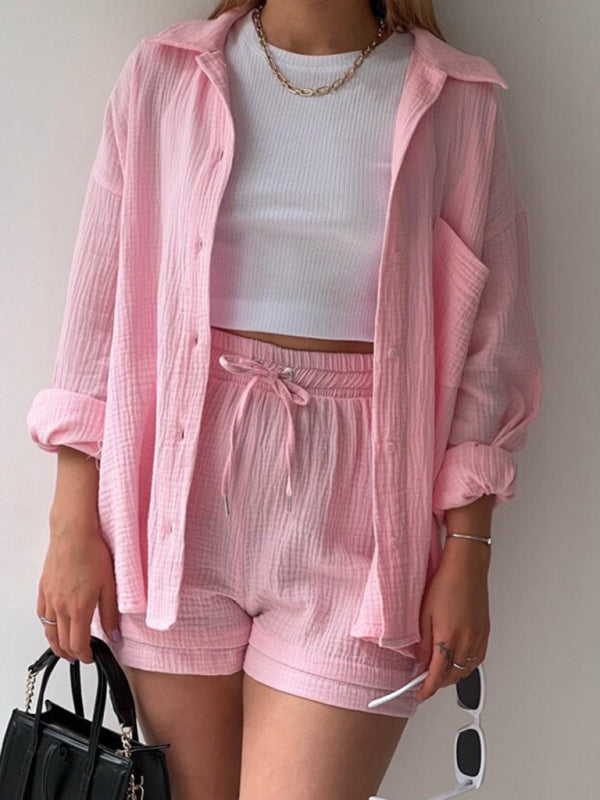 Solid color lapel collar shirt & shorts two-piece sets