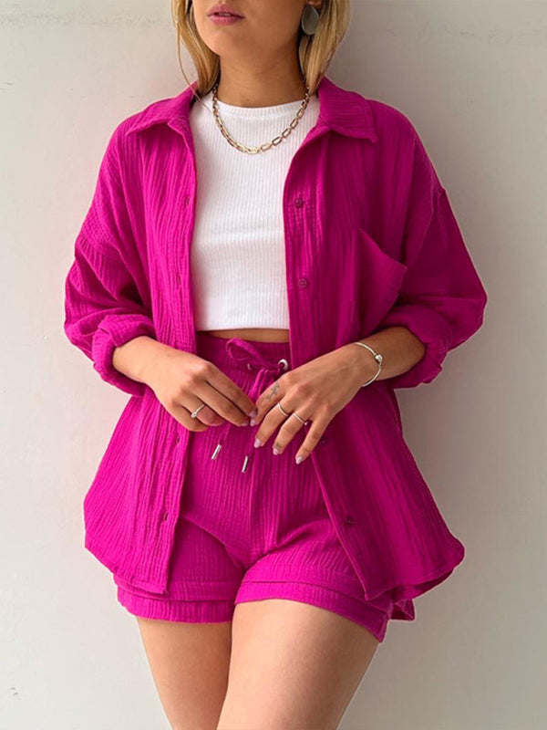 Solid color lapel collar shirt & shorts two-piece sets