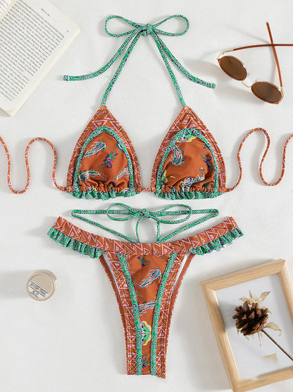 Bikini con lazo y cuello halter con estampado étnico