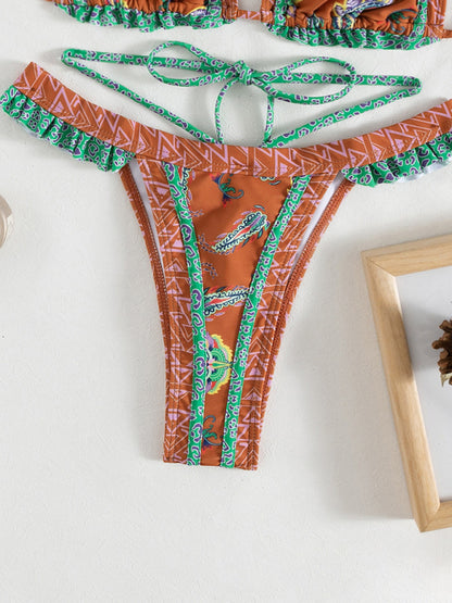 Bikini con lazo y cuello halter con estampado étnico