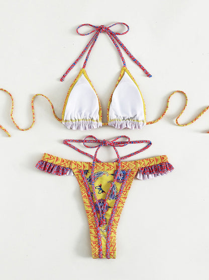 Bikini con lazo y cuello halter con estampado étnico