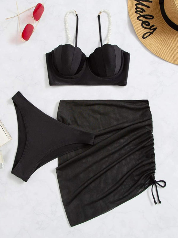 Solid color shell shape bikini three-piece sets