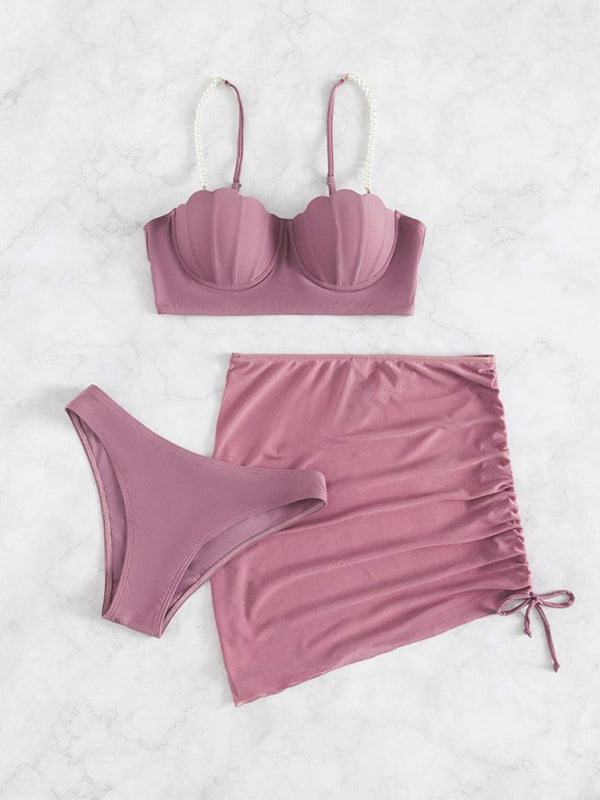 Solid color shell shape bikini three-piece sets