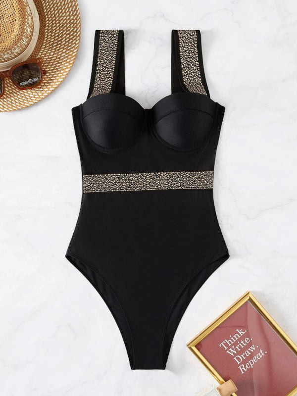 Studded Rivet decor push-up one-piece swimwear