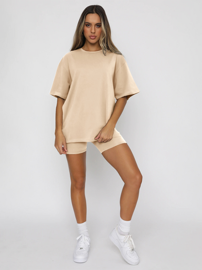 Basic solid color casual short-sleeved + shorts two-piece set