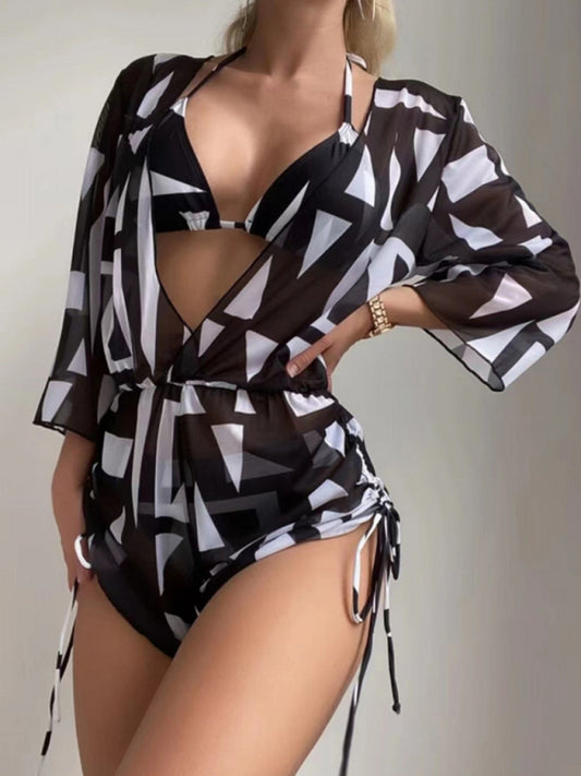 Tropical Print Tie High Waist Bikini Three-Piece Set