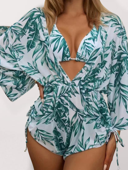 Tropical Print Tie High Waist Bikini Three-Piece Set