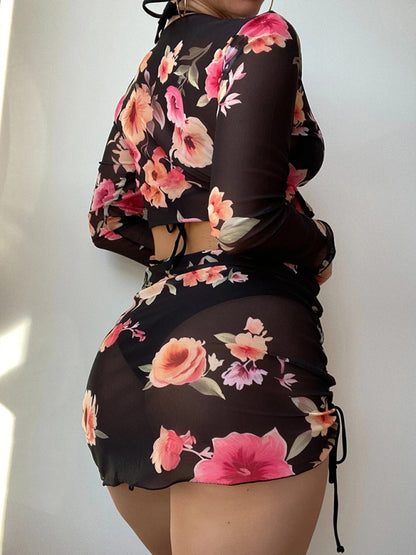 Floral Drawstring Long-Sleeve Blouse Bikini Four-Piece Set