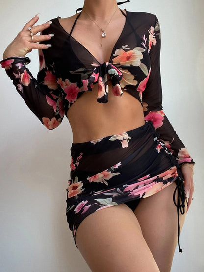 Floral Drawstring Long-Sleeve Blouse Bikini Four-Piece Set