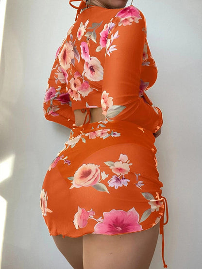 Floral Drawstring Long-Sleeve Blouse Bikini Four-Piece Set