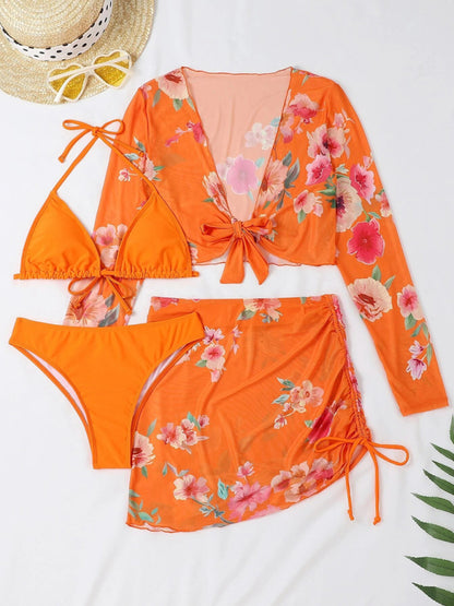 Floral Drawstring Long-Sleeve Blouse Bikini Four-Piece Set