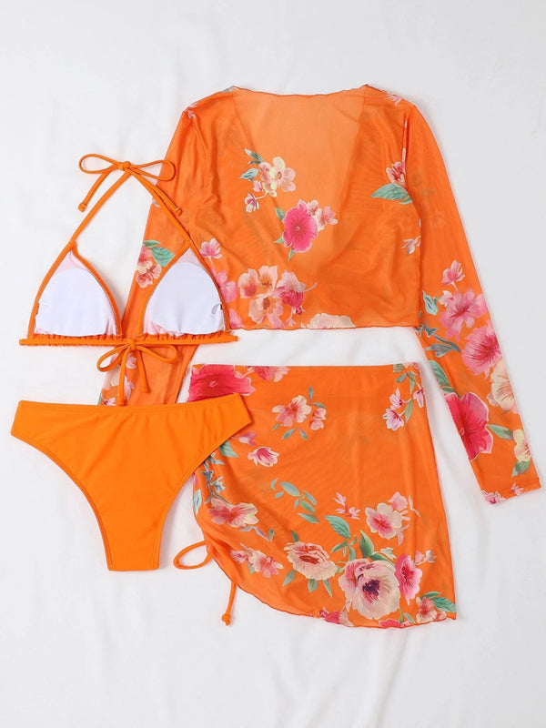 Floral Drawstring Long-Sleeve Blouse Bikini Four-Piece Set