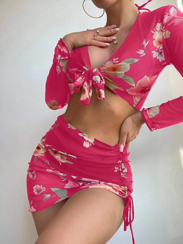 Floral Drawstring Long-Sleeve Blouse Bikini Four-Piece Set