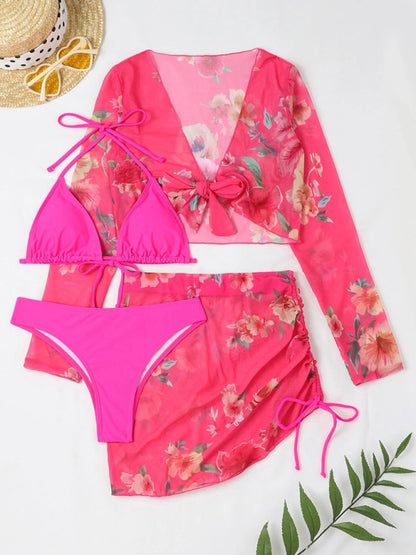 Floral Drawstring Long-Sleeve Blouse Bikini Four-Piece Set