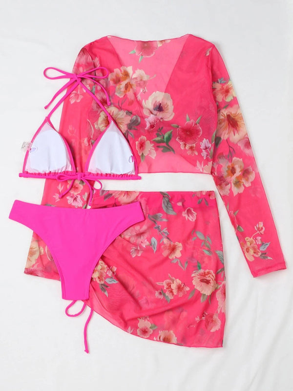 Floral Drawstring Long-Sleeve Blouse Bikini Four-Piece Set