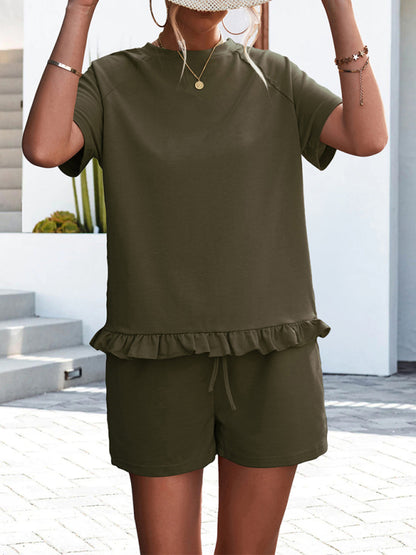 Knitted Round Neck Ruffle Short Sleeve Shorts Casual Two-piece Set