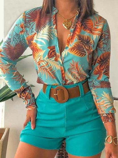 Print Stand Collar Long Sleeve Shirt Ladies Set