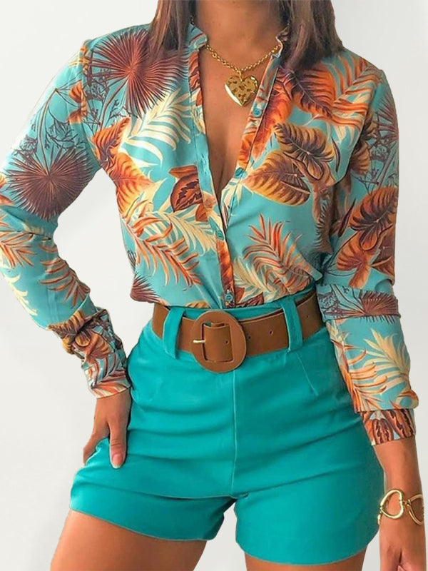 Print Stand Collar Long Sleeve Shirt Ladies Set