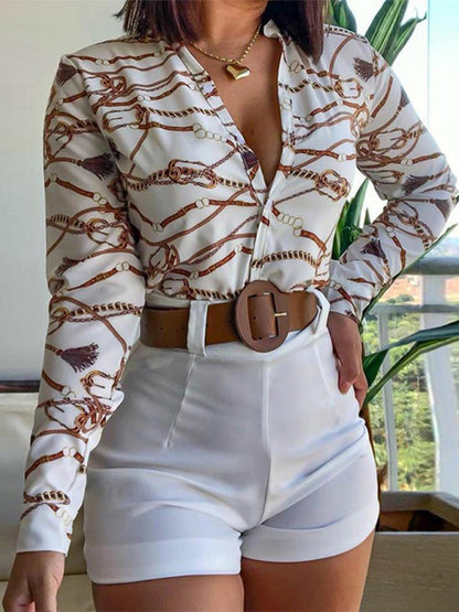 Print Stand Collar Long Sleeve Shirt Ladies Set