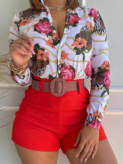 Print Stand Collar Long Sleeve Shirt Ladies Set