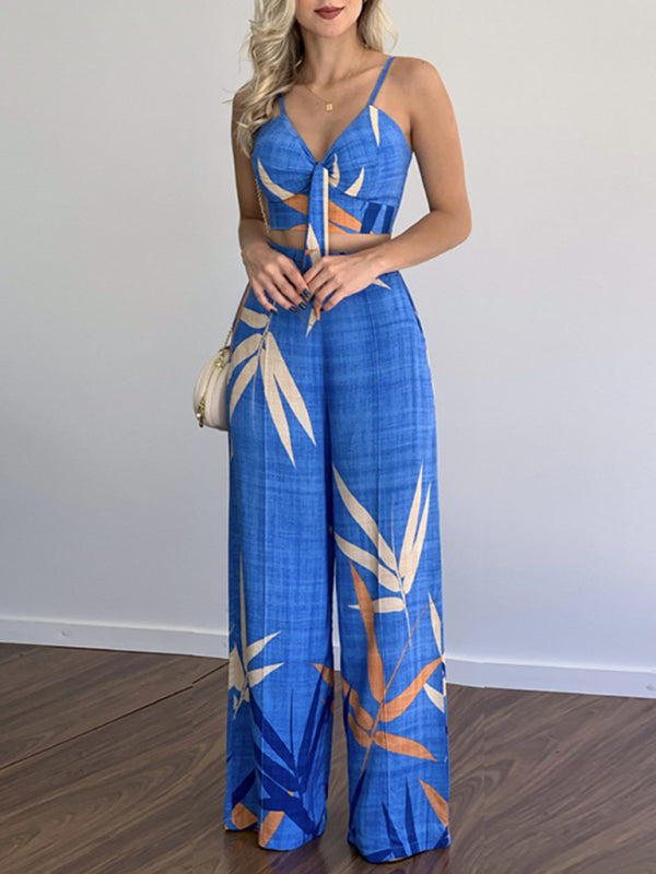 Linen-like casual suit V-neck high-waist printed wide-leg pants two-piece set