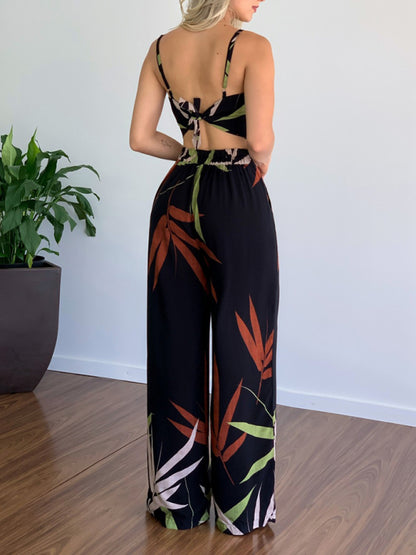 Linen-like casual suit V-neck high-waist printed wide-leg pants two-piece set