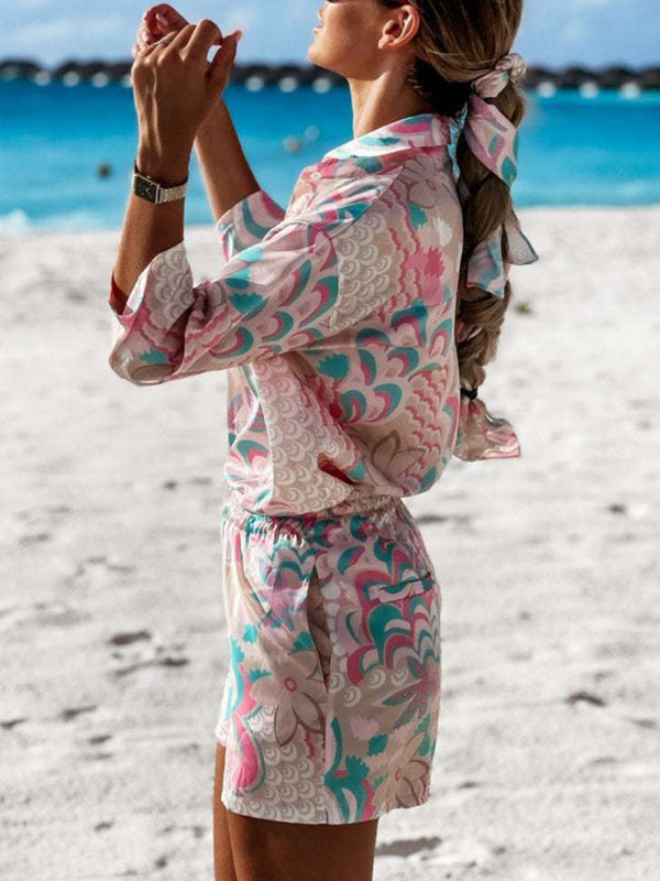 Floral Vacation Beach Casual long-sleeved + shorts two-piece set