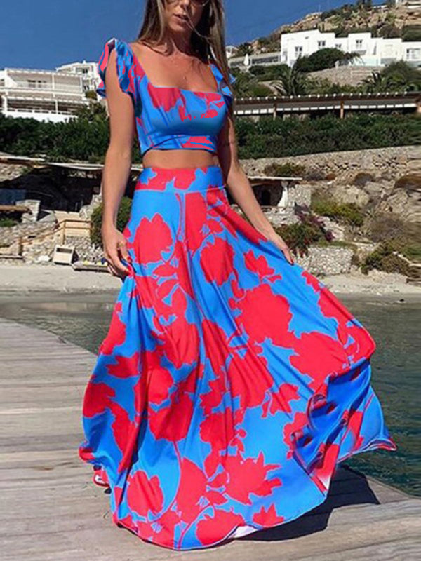 New two-piece suit fashion print sexy big swing skirt suit