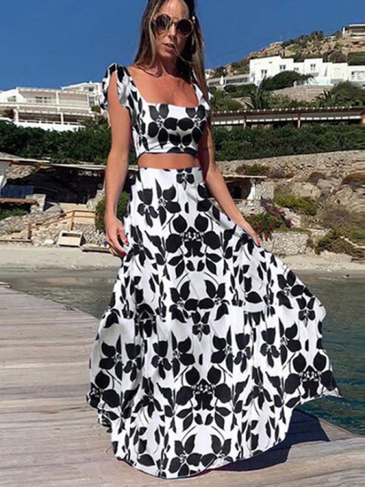 New two-piece suit fashion print sexy big swing skirt suit