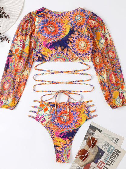 Ethnic Printed Mesh Long Sleeve Bikini Set