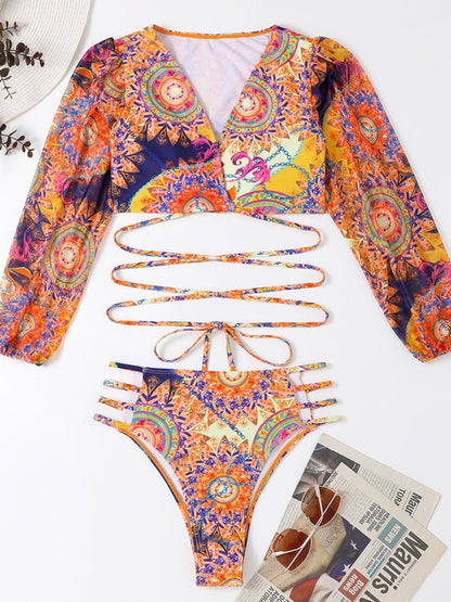 Ethnic Printed Mesh Long Sleeve Bikini Set