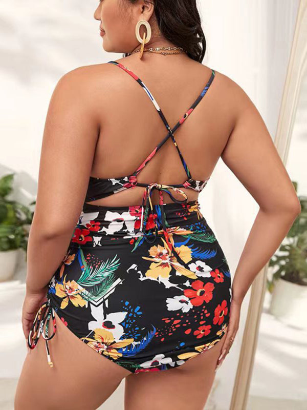 Plus Size Women-Printed Push-up Hollow One-Piece Swimsuit