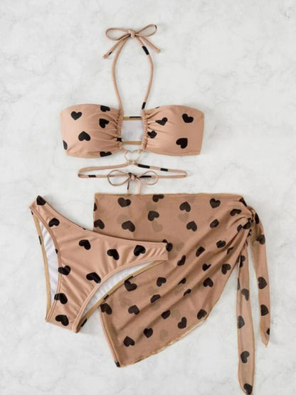 Heart love print three-piece bikini set