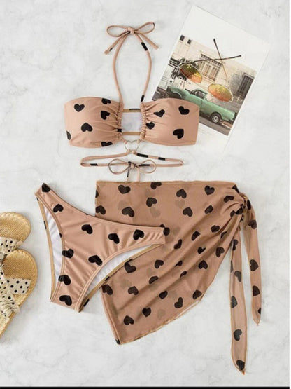 Heart love print three-piece bikini set