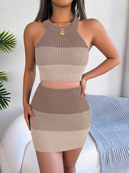 Gradient Color Block Knit Crop Top + Skirt Two-Piece Set