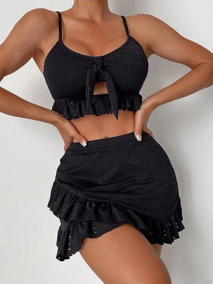 Eyelet ruffle three piece bikini set top + bottom + skirt