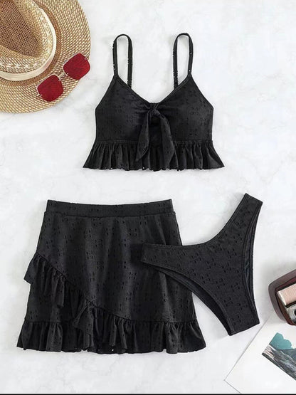 Eyelet ruffle three piece bikini set top + bottom + skirt