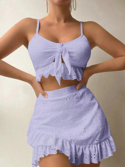 Eyelet ruffle three piece bikini set top + bottom + skirt