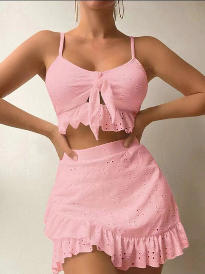 Eyelet ruffle three piece bikini set top + bottom + skirt