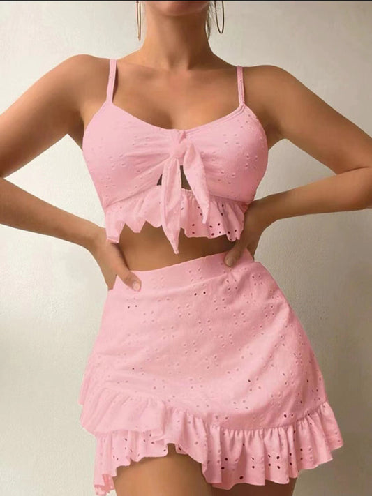 Eyelet ruffle three piece bikini set top + bottom + skirt