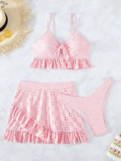 Eyelet ruffle three piece bikini set top + bottom + skirt