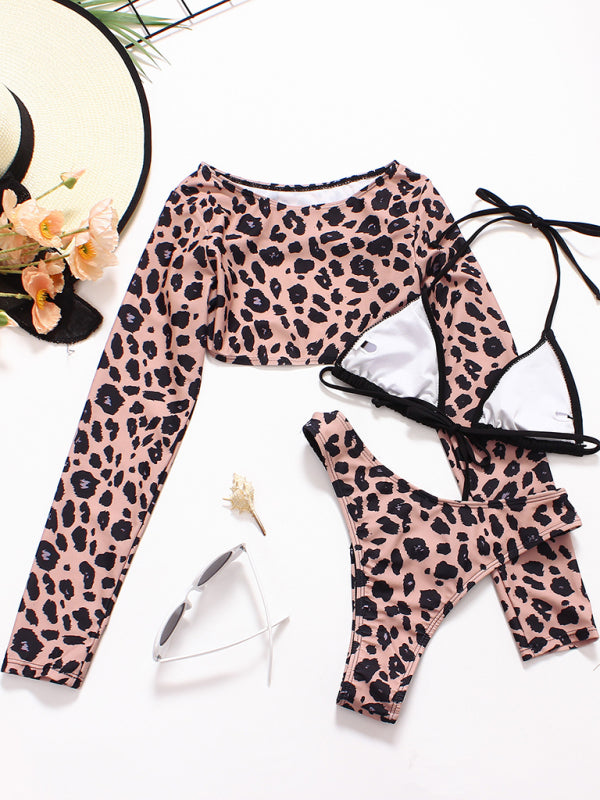 Braided rope leopard print long-sleeved print split three-piece swimsuit bikini