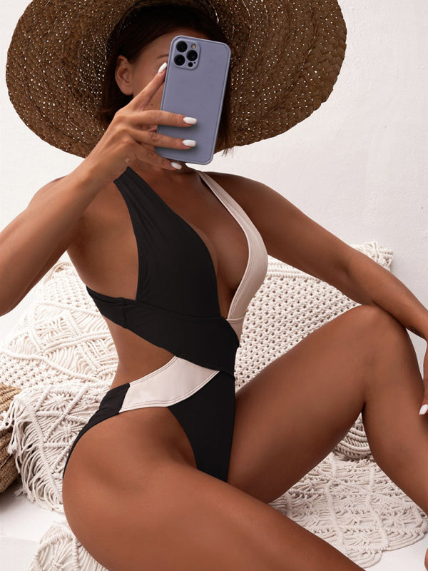 Cross color block one-piece swimsuit