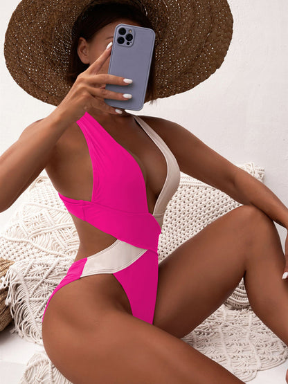 Cross color block one-piece swimsuit