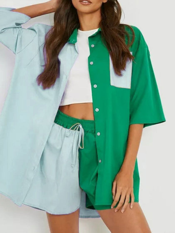 Colorblock Shirt Top + Elastic Waist Shorts Two-piece Set