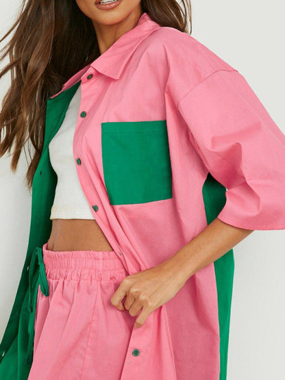 Colorblock Shirt Top + Elastic Waist Shorts Two-piece Set